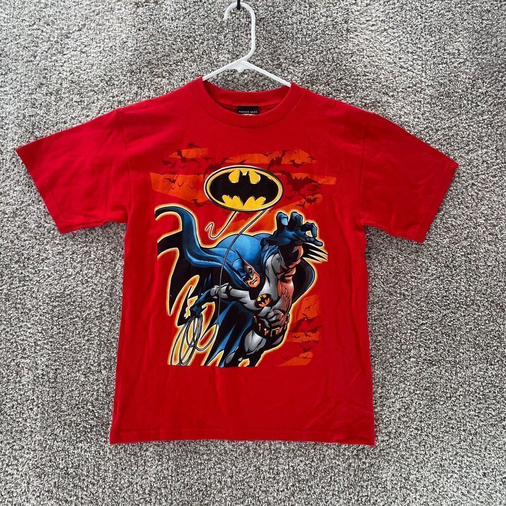 Vintage Batman Shirt Youth Large Red Warner Bros Short Sleeve 90s YK Cotton Crew